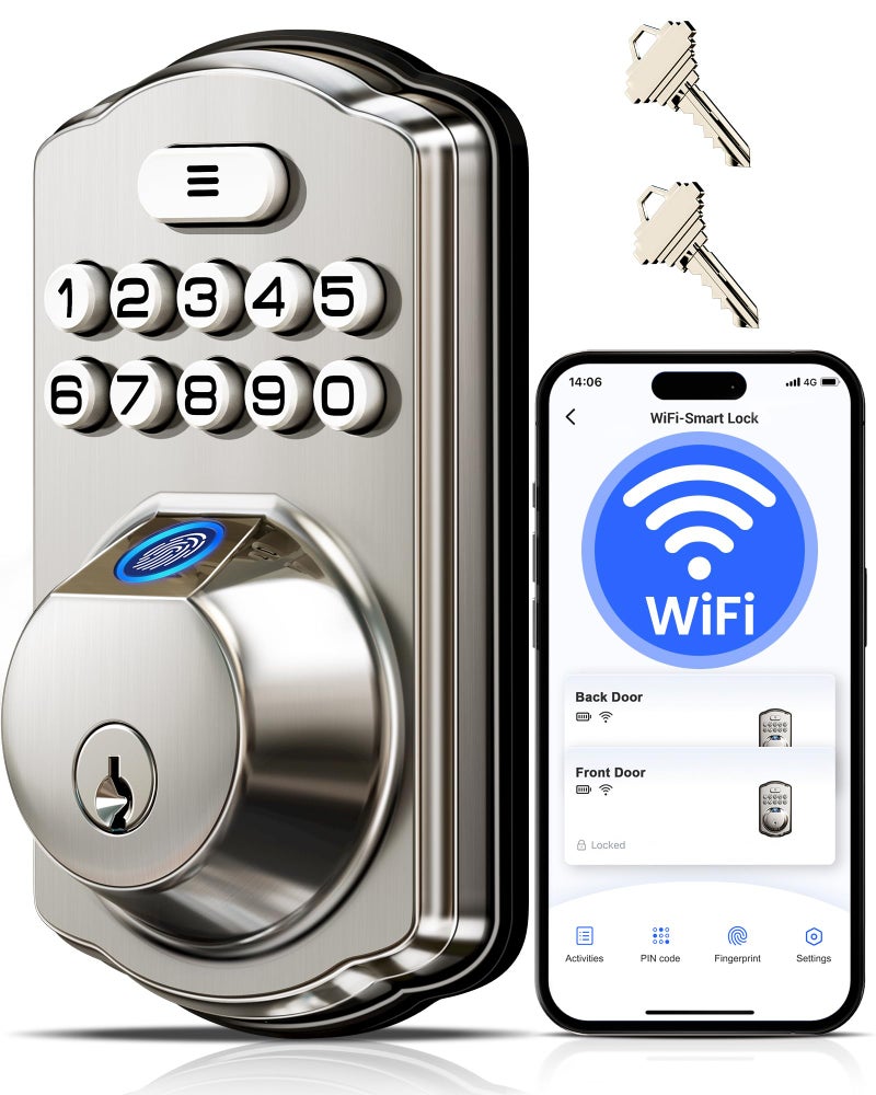 Veise VE012W Builtin WiFi Fingerprint Smart Lock App Remote Control Compatible with Alexa Google Assistant Keyless Entry for Front Door Digital Keypad Deadbolt Auto Lock Satin Nickel - Image 2