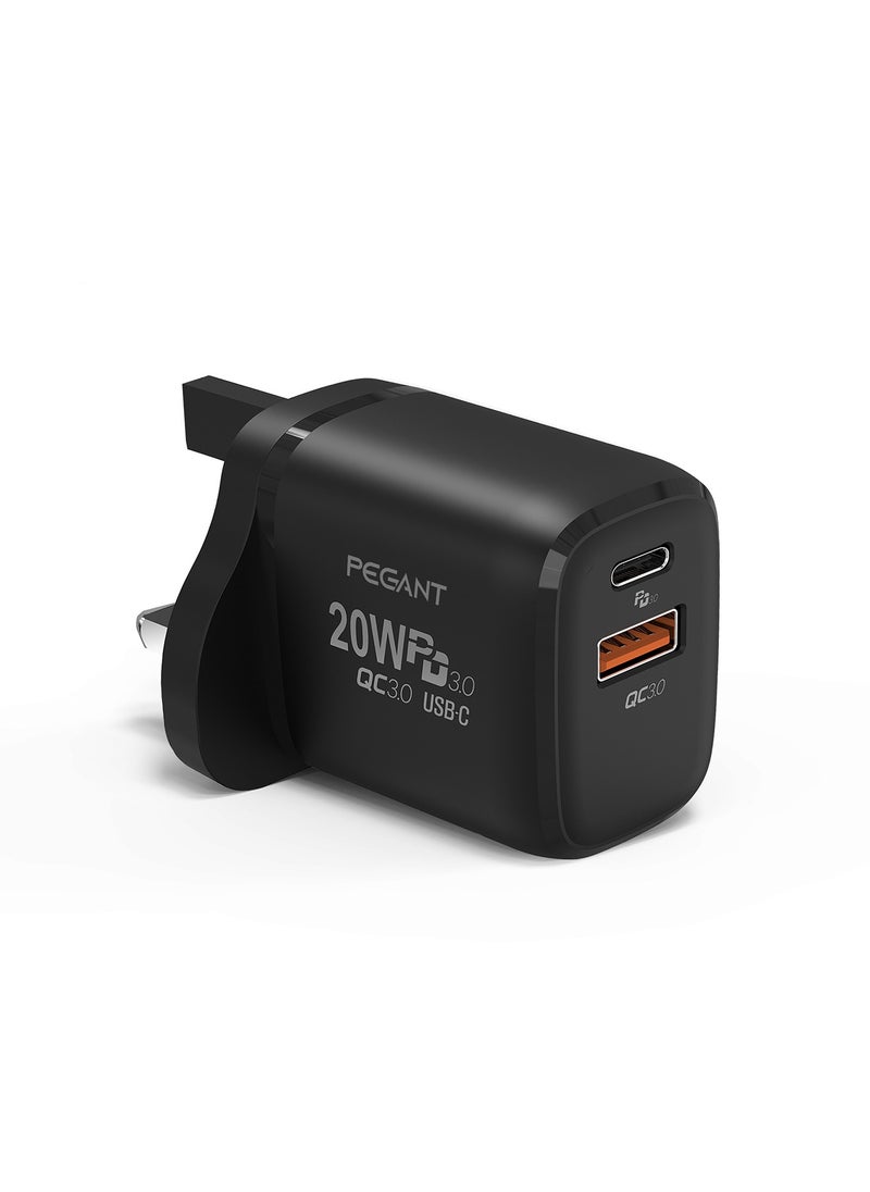 PEGANT - 20W USB-C PD Fast Charger, Dual Port Type-C QC3.0 Wall Adapter, UK Plug - Image 1