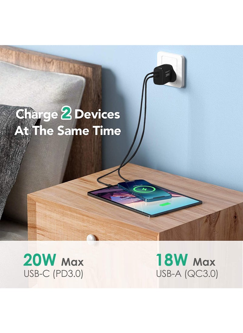 PEGANT - 20W USB-C PD Fast Charger, Dual Port Type-C QC3.0 Wall Adapter, UK Plug - Image 1