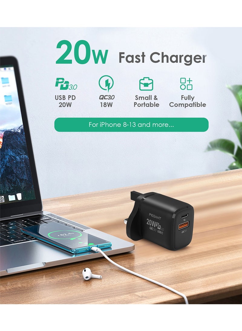 PEGANT - 20W USB-C PD Fast Charger, Dual Port Type-C QC3.0 Wall Adapter, UK Plug - Image 1