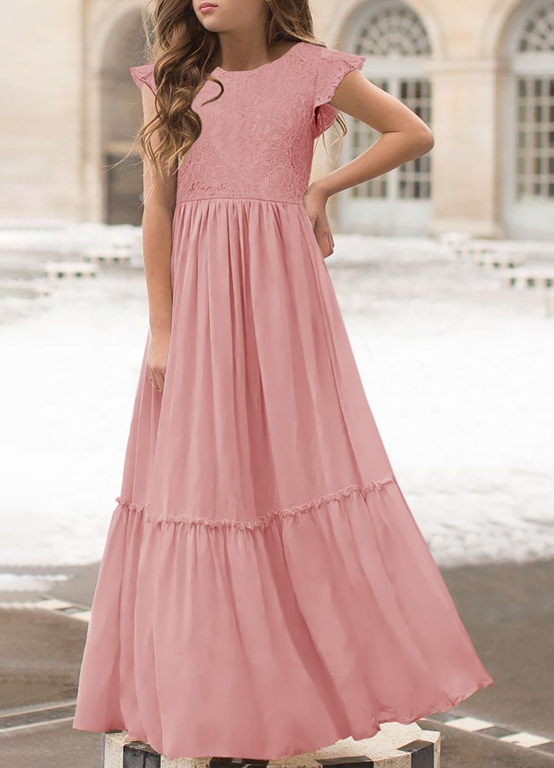 MITILLY Girls Lace Flower Ruffle Sleeve A-Line Swing Wedding Party Long Maxi Dress with Pockets 12 Years Pink - Image 2