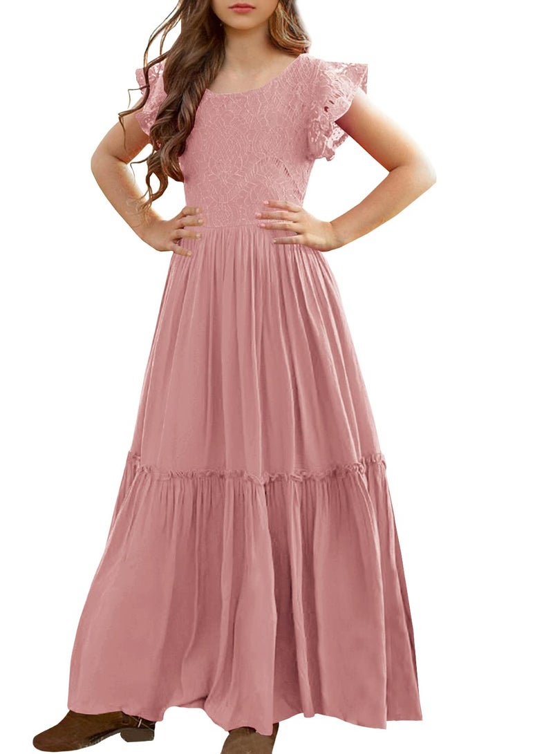MITILLY Girls Lace Flower Ruffle Sleeve A-Line Swing Wedding Party Long Maxi Dress with Pockets 12 Years Pink - Image 1
