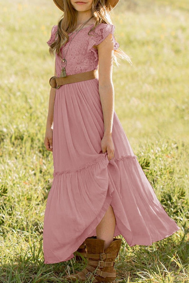 MITILLY Girls Lace Flower Ruffle Sleeve A-Line Swing Wedding Party Long Maxi Dress with Pockets 12 Years Pink - Image 4