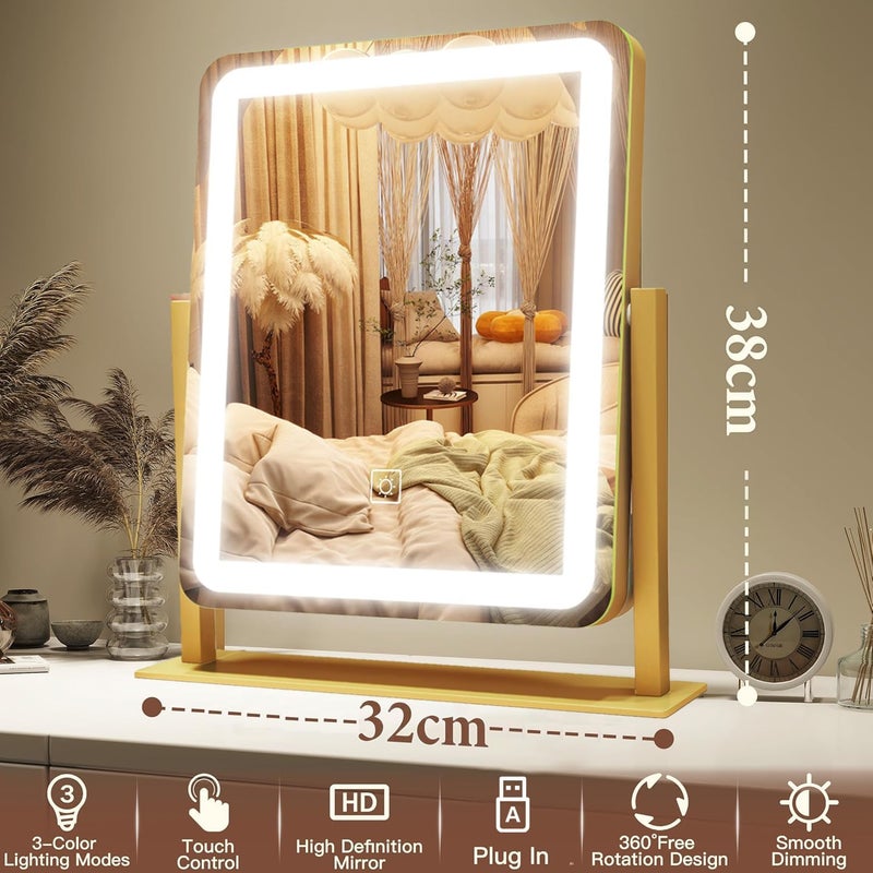 jjojcll Vanity Mirror with Lights - 38x32CM LED Lighted Makeup Mirror, Large Makeup Mirror with Lights, Touch Screen with 3-Color Lighting, Dimmable, for Vanity Desk Tabletop, Bedroom - Image 2