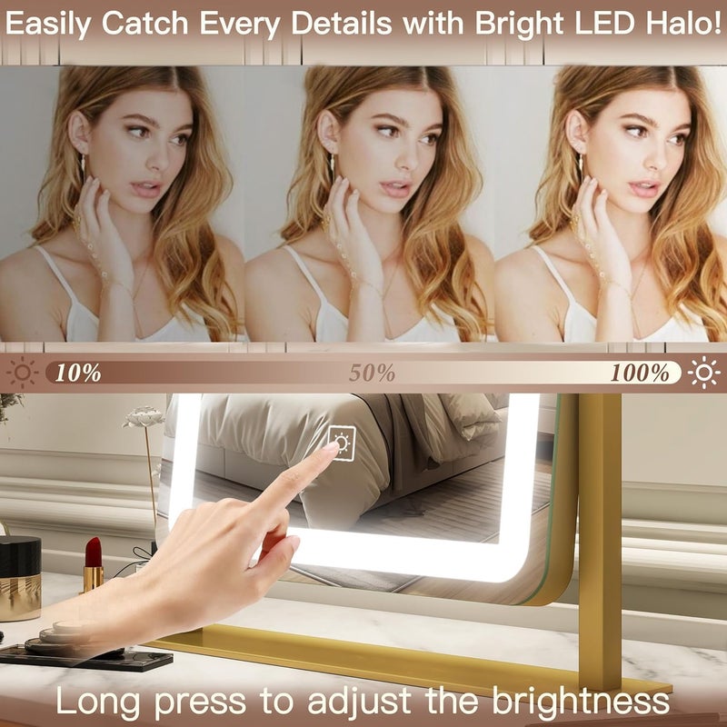 jjojcll Vanity Mirror with Lights - 38x32CM LED Lighted Makeup Mirror, Large Makeup Mirror with Lights, Touch Screen with 3-Color Lighting, Dimmable, for Vanity Desk Tabletop, Bedroom - Image 3