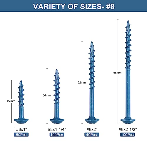 SATANTECH Pocket Hole Screws Assortment Kit, 390Pcs in 4 Sizes #8 x 1, 1-1/4", 2", 2-1/2", Coarse Thread Wood Screws with Square Drive, Blue Coated, Self Tapping, Drive Bit Included - Image 3