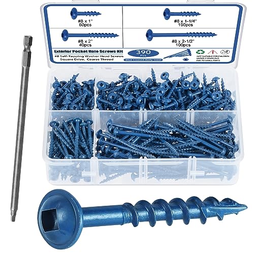 SATANTECH Pocket Hole Screws Assortment Kit, 390Pcs in 4 Sizes #8 x 1, 1-1/4", 2", 2-1/2", Coarse Thread Wood Screws with Square Drive, Blue Coated, Self Tapping, Drive Bit Included - Image 1