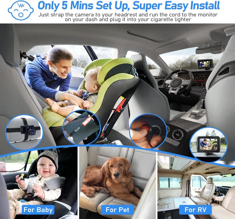 Baby Car Mirror 4.3-Inch IPS LCD Display, Infrared Night Vision - Multi-Angle Adjustable, Tool-Free Easy Installation Baby Monitor for Infant Car Safety Driving - Image 5
