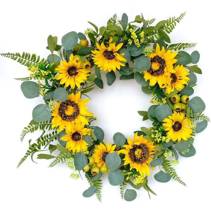 18ARTIFICIAL SUNFLOWER SPRING WREATH RUSTIC FARMHOUSE DECORATIVE FLORAL WREATH FOR FRONT DOOR WINDOW WEDDING OUTDOOR YELLOW