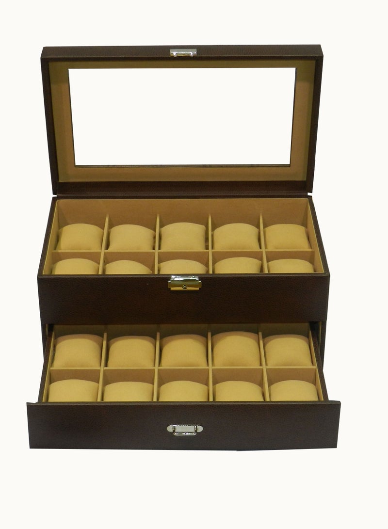 LAVERI LEATHER Laveri Watch Box  for Men Women (20 Slots), Premium PU Leather Watch Display Case Box Organizer with Crystal Glass Top, Removable Pillow  - Image 1