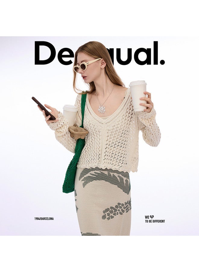 DESIGUAL 25ss جديد سترة نسائية محبوكة بتصميم كروشيه فضفاض على شكل حرف V - Image 4