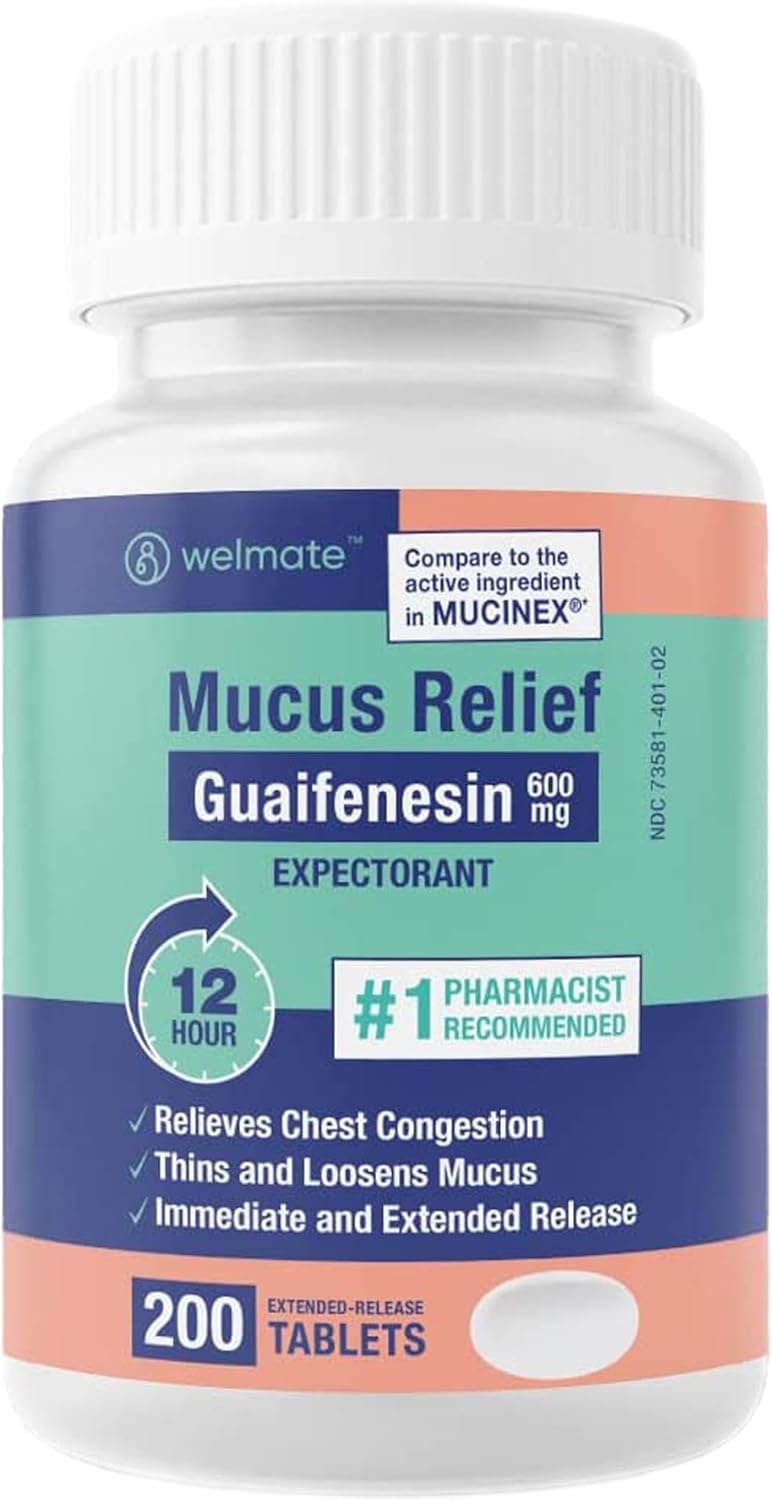 WELMATE Mucus Relief Guaifenesin 600mg 12 Hr Support Temporary Relief from Cough Nasal Chest Congestion Infections Colds Allergies Expectorant ExtendedRelease Tablets 200 Ct - Image 1