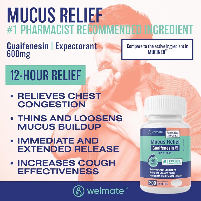 WELMATE Mucus Relief Guaifenesin 600mg 12 Hr Support Temporary Relief from Cough Nasal Chest Congestion Infections Colds Allergies Expectorant ExtendedRelease Tablets 200 Ct - Image 2