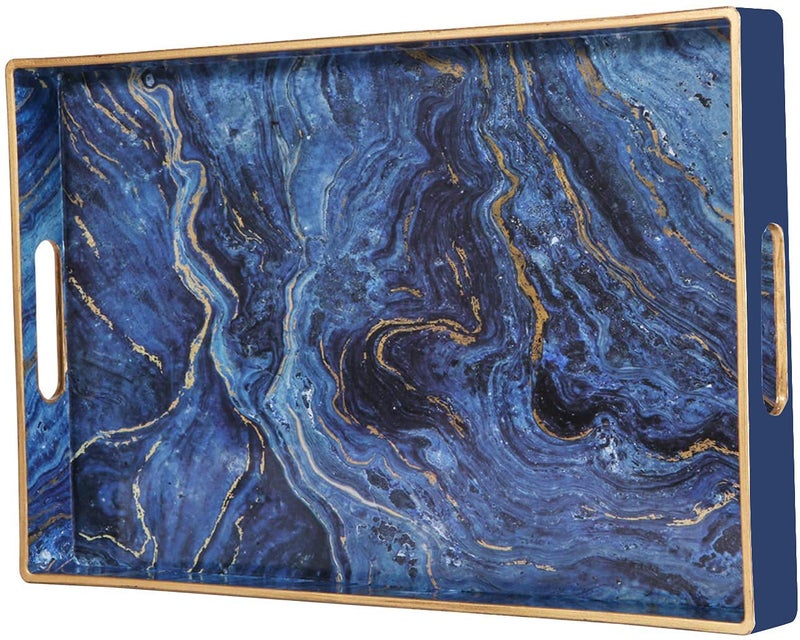 Zosenley Decorative Tray Marbling Plastic Tray with Handles Rectangular Vanity Tray and Serving Tray for Bathroom Kitchen Ottoman and Coffee Table 156 x 102 Blue