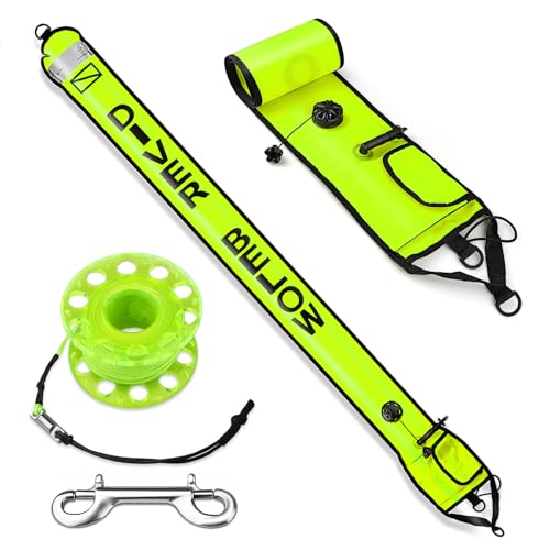 Seafard Dving Scuba SMB, Dive Reel and Clip Set, 5FT Diving Surface Marker Buoy (DSMB) with 100FT Reel/Lead Weight Extra Storage Bag, Scuba Signal Tube Inflatable Marker for Diver (Fluorescent Yellow) - Image 1