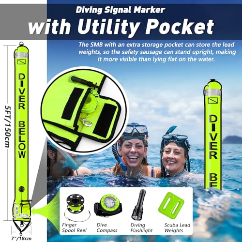Seafard Dving Scuba SMB, Dive Reel and Clip Set, 5FT Diving Surface Marker Buoy (DSMB) with 100FT Reel/Lead Weight Extra Storage Bag, Scuba Signal Tube Inflatable Marker for Diver (Fluorescent Yellow) - Image 5