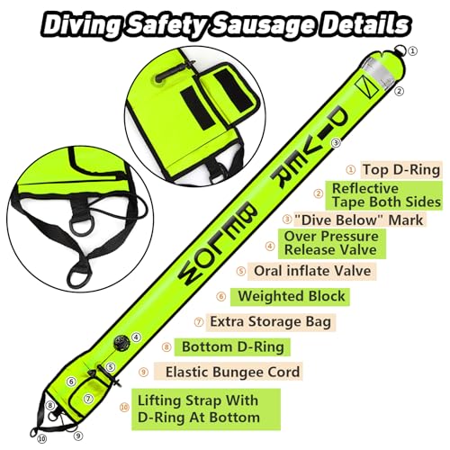 Seafard Dving Scuba SMB, Dive Reel and Clip Set, 5FT Diving Surface Marker Buoy (DSMB) with 100FT Reel/Lead Weight Extra Storage Bag, Scuba Signal Tube Inflatable Marker for Diver (Fluorescent Yellow) - Image 4