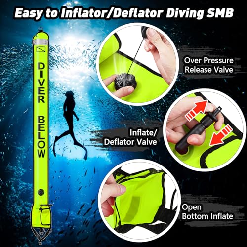 Seafard Dving Scuba SMB, Dive Reel and Clip Set, 5FT Diving Surface Marker Buoy (DSMB) with 100FT Reel/Lead Weight Extra Storage Bag, Scuba Signal Tube Inflatable Marker for Diver (Fluorescent Yellow) - Image 2