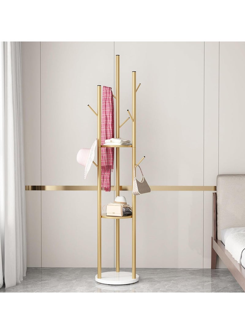 انسجام حامل معاطف قائم بذاته، شجرة معاطف حديثة مع 3 أرفف تخزين و9 خطافات، حامل معاطف معدني، حامل شجرة مع قاعدة رخامية للمدخل والممر وغرفة النوم - Image 4