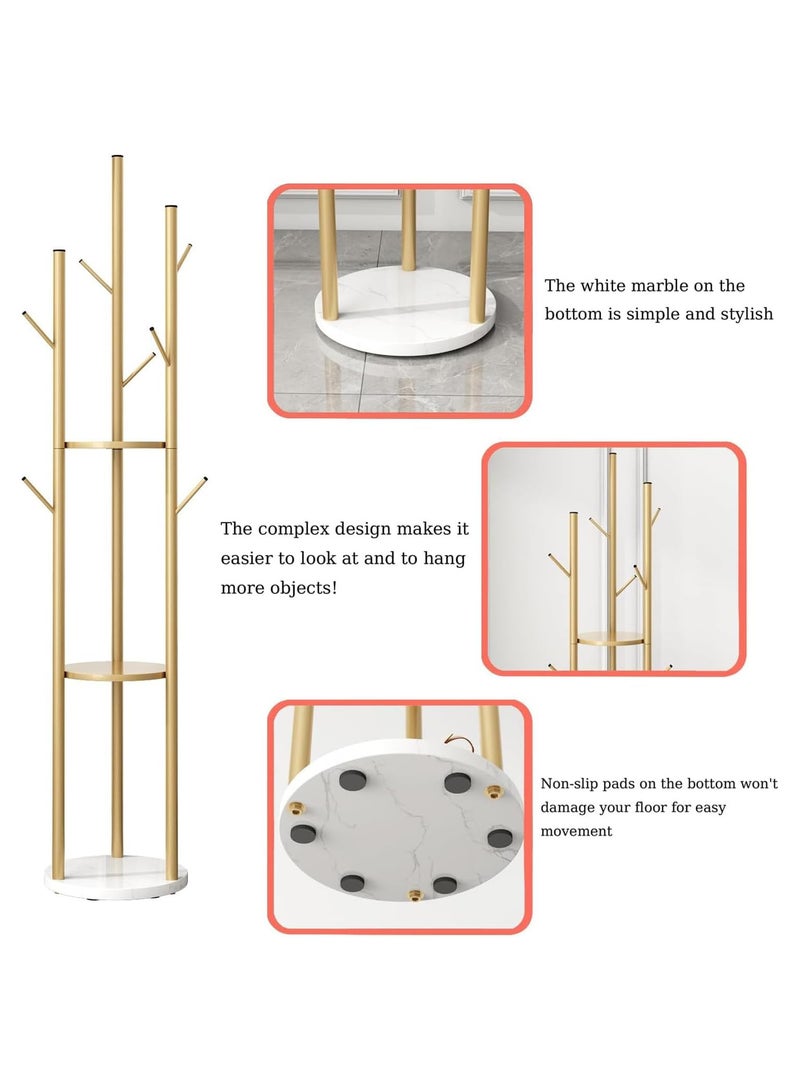 انسجام حامل معاطف قائم بذاته، شجرة معاطف حديثة مع 3 أرفف تخزين و9 خطافات، حامل معاطف معدني، حامل شجرة مع قاعدة رخامية للمدخل والممر وغرفة النوم - Image 3