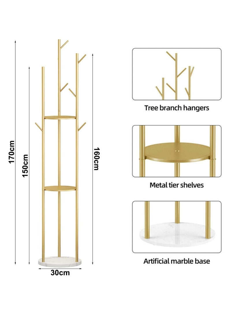 انسجام حامل معاطف قائم بذاته، شجرة معاطف حديثة مع 3 أرفف تخزين و9 خطافات، حامل معاطف معدني، حامل شجرة مع قاعدة رخامية للمدخل والممر وغرفة النوم - Image 2