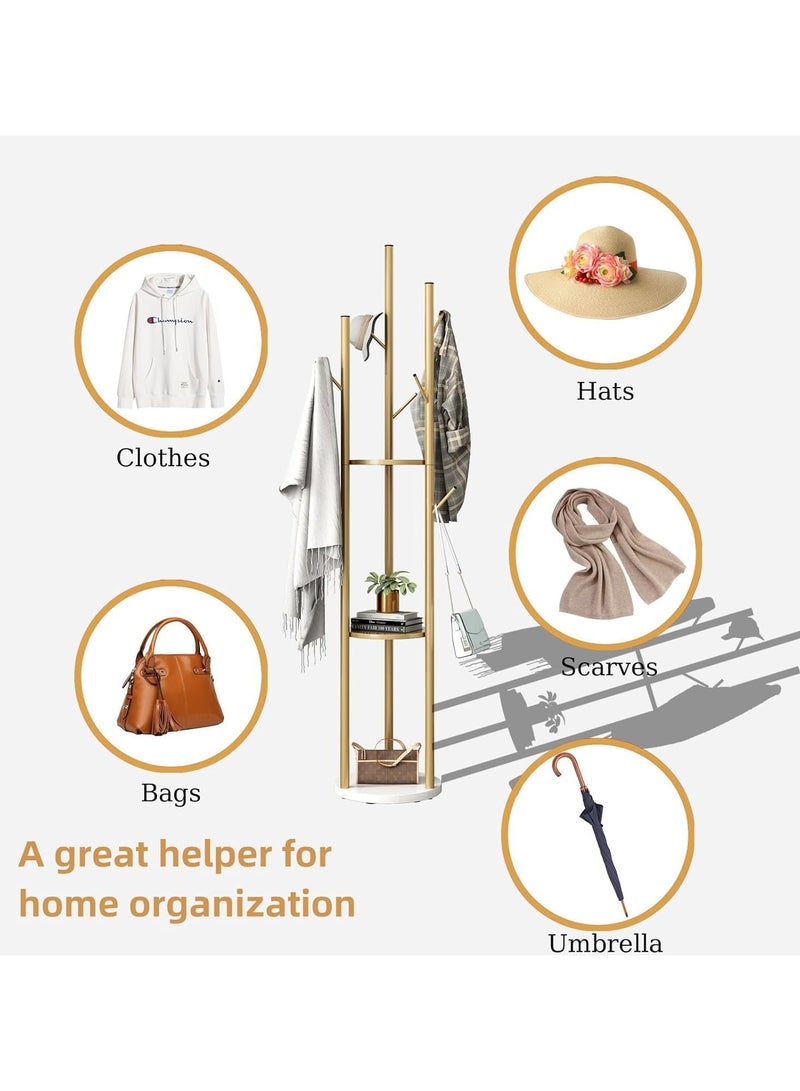 انسجام حامل معاطف قائم بذاته، شجرة معاطف حديثة مع 3 أرفف تخزين و9 خطافات، حامل معاطف معدني، حامل شجرة مع قاعدة رخامية للمدخل والممر وغرفة النوم - Image 5