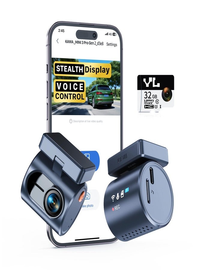 KAWA 2K Dash Cam for Cars with Voice Control - Transparent Display Tiny Dash Cam Front Included 32GB Micro SD Card, Super Night Vision Dashcam, 1296P QHD, G-Sensor, APP Control, Built in WiFi - Image 1