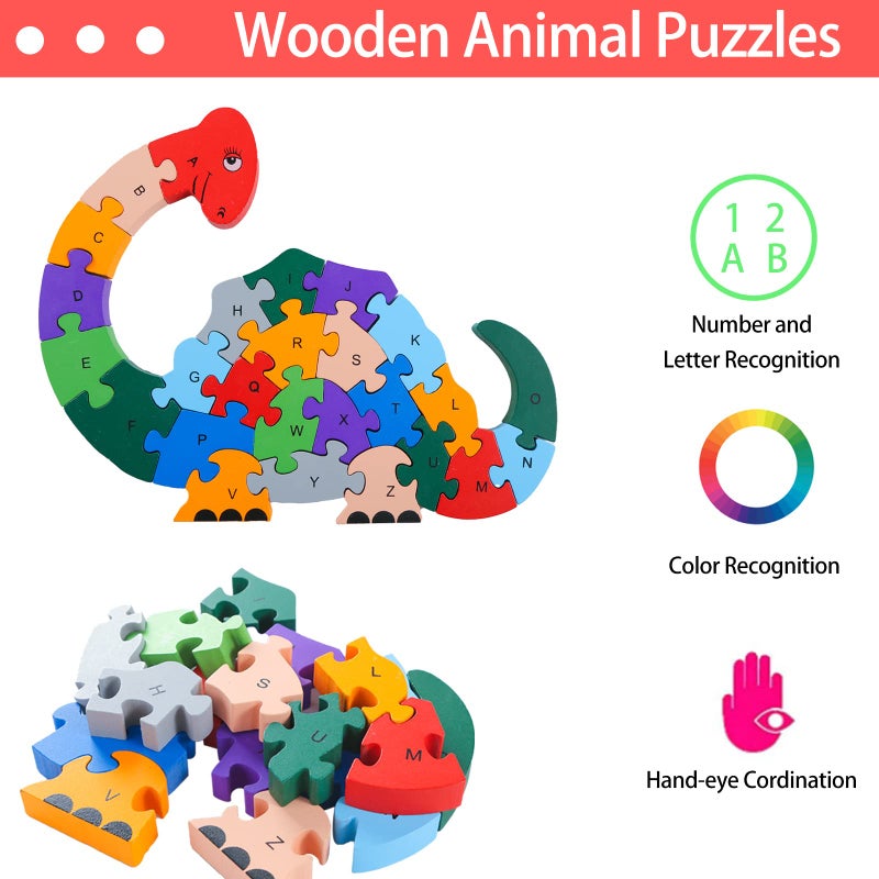 LovesTown 2 PCS Wooden Animal Puzzles, Alphabet Building Blocks for Kids, Preschool Letters and Numbers Puzzles, ABC Animal Puzzle for Toddlers - Image 4