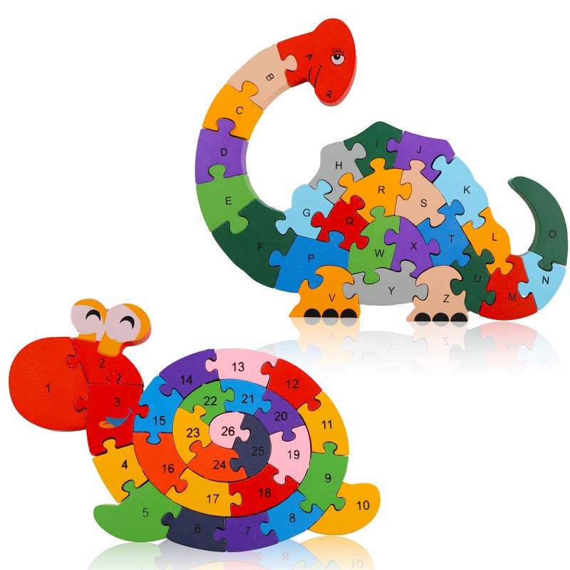 LovesTown 2 PCS Wooden Animal Puzzles, Alphabet Building Blocks for Kids, Preschool Letters and Numbers Puzzles, ABC Animal Puzzle for Toddlers - Image 1