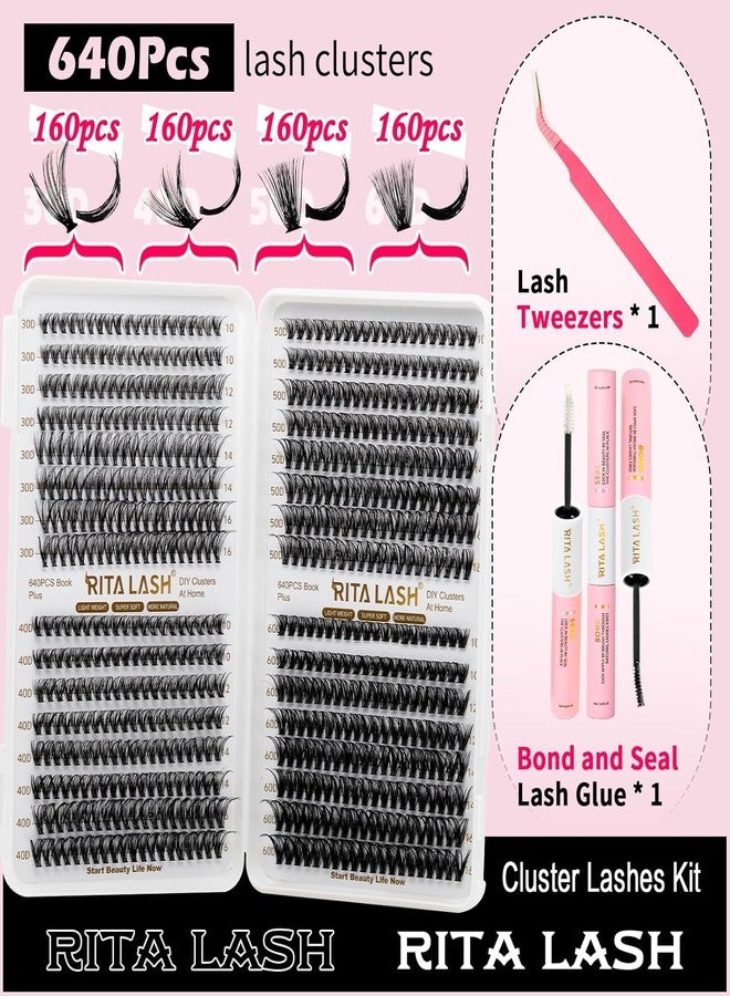 RITALASH Lash Extension Kit 30D+40D+50D+60D DIY Lash Clusters 640pcs Cluster Lashes Individual Lashes Eyelash Extension Kit with Lash Bond and Seal,Lash Tweezers(30D+40D+50D+60D Kit,10-16mm) - Image 2