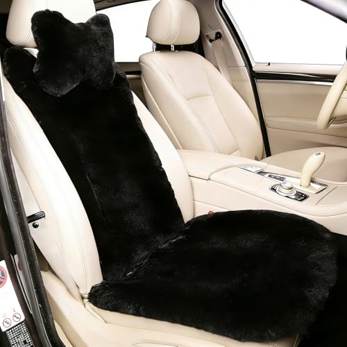 OGLAND Black Fuzzy Sheepskin Car Seat Covers Genuine Fur Wool Seat Protectors for Leather Bucket Seat Cushions Fluffy Warmers for Mercedes Audi Luxury Cars Flush Furry Interior Upgrade - Image 1
