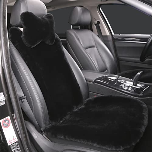 OGLAND Black Fuzzy Sheepskin Car Seat Covers Genuine Fur Wool Seat Protectors for Leather Bucket Seat Cushions Fluffy Warmers for Mercedes Audi Luxury Cars Flush Furry Interior Upgrade - Image 3