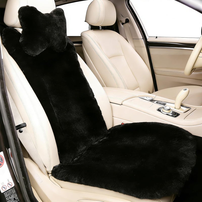 OGLAND Black Fuzzy Sheepskin Car Seat Covers Genuine Fur Wool Seat Protectors for Leather Bucket Seat Cushions Fluffy Warmers for Mercedes Audi Luxury Cars Flush Furry Interior Upgrade - Image 2