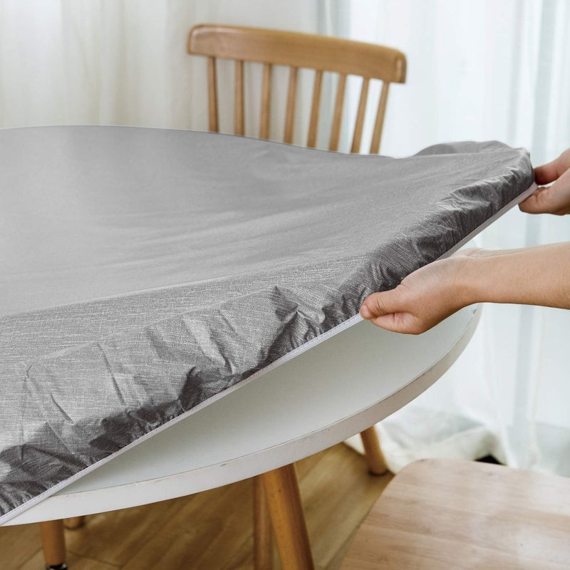 NLMUVW Round Vinyl Tablecloth with Elastic Edge Flannel Backing, Waterproof Fitted PVC Table Cloth Wipe Clean Table Cover for Picnic Party Outdoor, Grey, 40"- 44" - Image 2