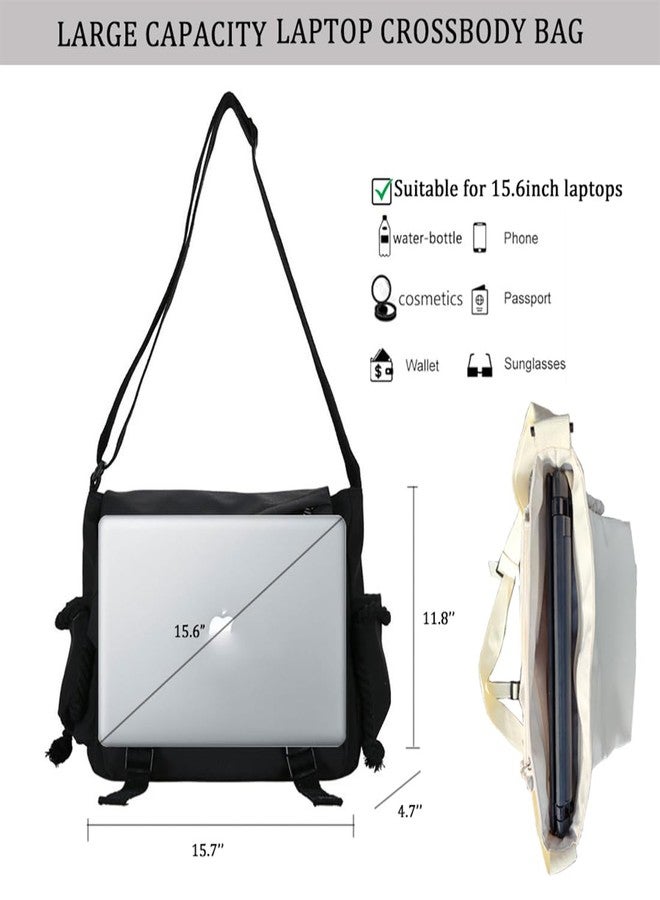 INSHERE Aesthetic Crossbody laptop Bag, 15.6 Inch laptop messenger bag for women men, Cute Shoulder Bag with Cute Pins and Ornament Black - Image 2