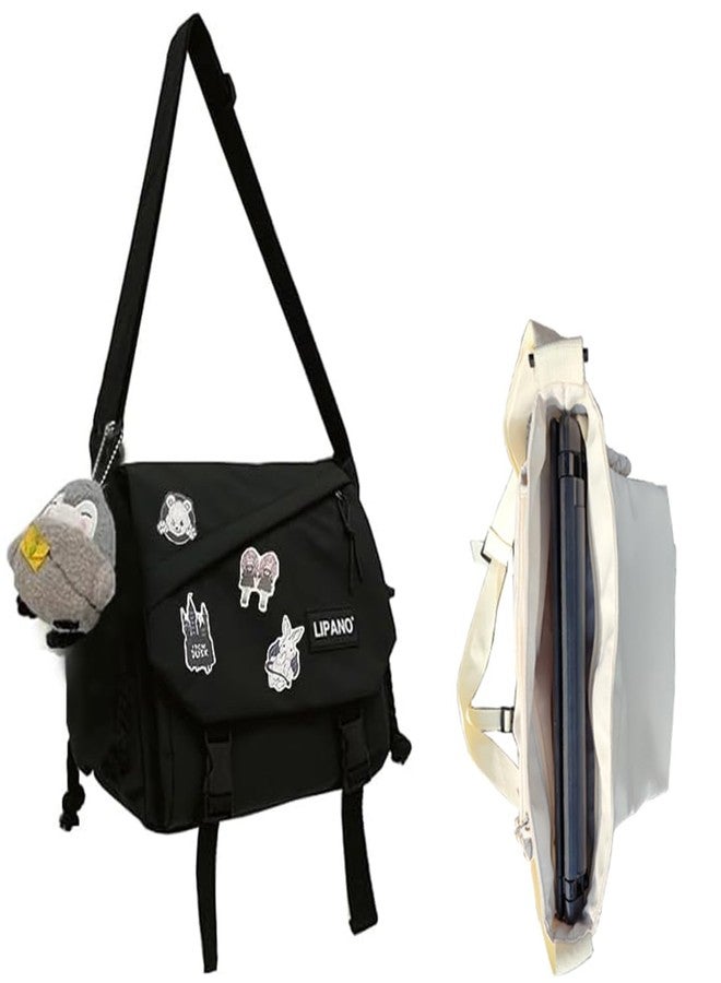 INSHERE Aesthetic Crossbody laptop Bag, 15.6 Inch laptop messenger bag for women men, Cute Shoulder Bag with Cute Pins and Ornament Black - Image 1
