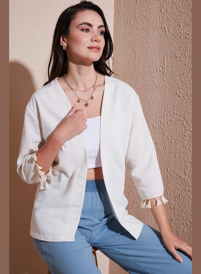 Lela Lela Cotton and Linen Blend Tassel Detailed Regular Fit Long Kimono Cardigan Women's CARDIGAN 5869015