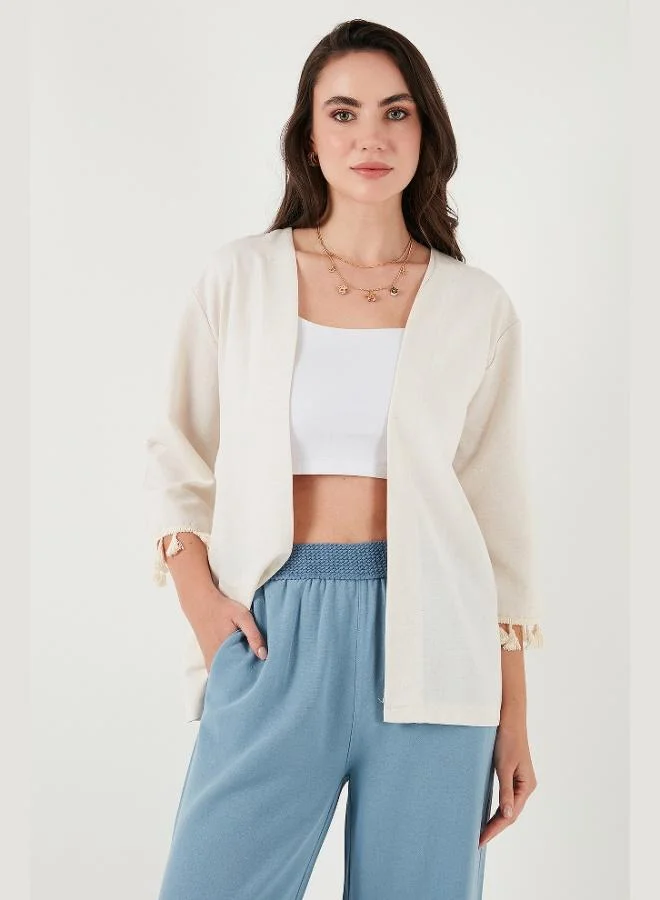 Lela Lela Cotton and Linen Blend Tassel Detailed Regular Fit Long Kimono Cardigan Women's CARDIGAN 5869015