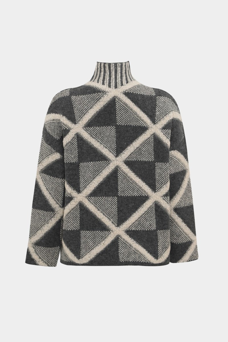 Açelya Okcu Premium Oversize Wool Blend Geometric Pattern Women's Knitwear Sweater  - Image 2