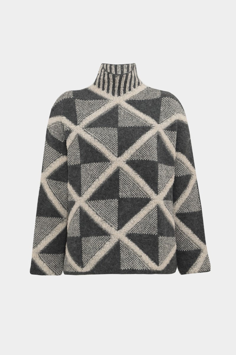 Açelya Okcu Premium Oversize Wool Blend Geometric Pattern Women's Knitwear Sweater  - Image 1