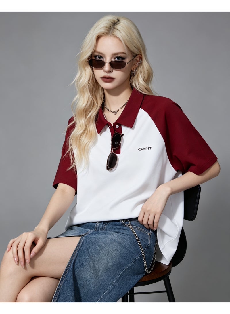 GANT Unisex Short Sleeve Raglan Polo Shirt Casual Daily Wear White Burgundy - Image 4