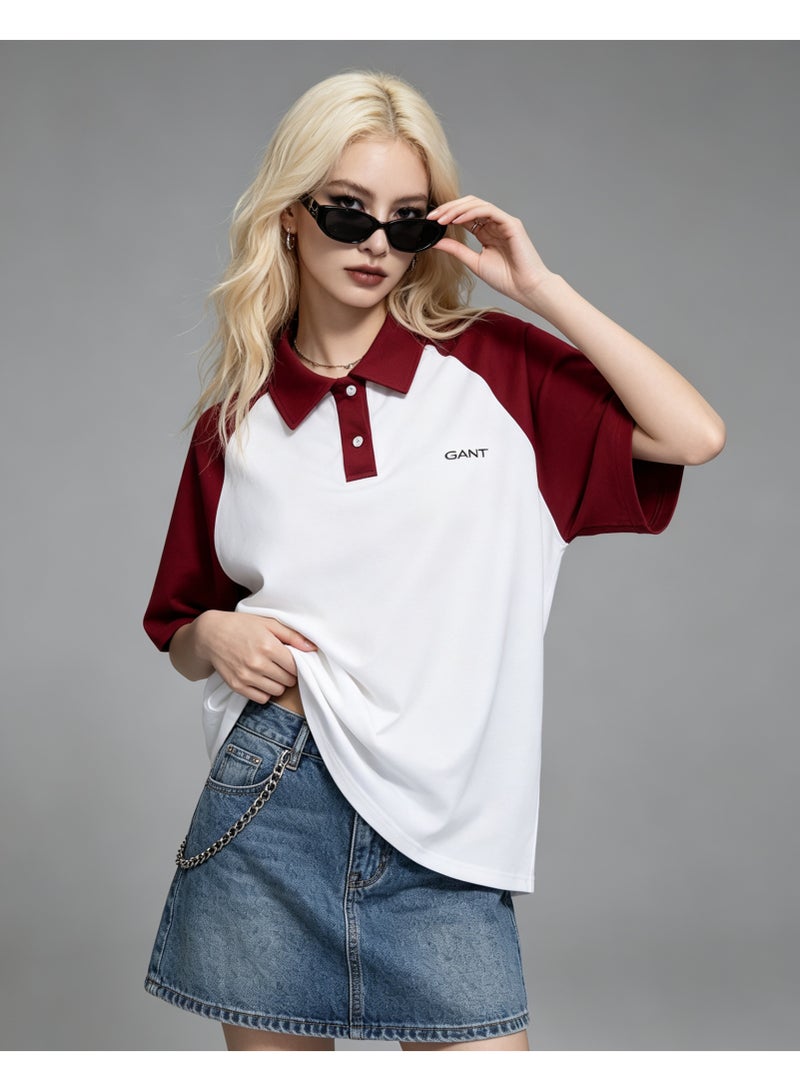 GANT Unisex Short Sleeve Raglan Polo Shirt Casual Daily Wear White Burgundy - Image 2