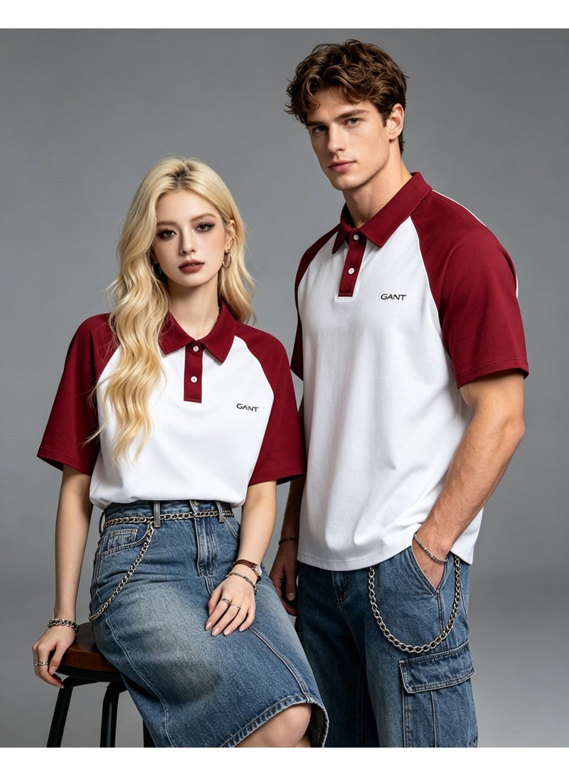 GANT Unisex Short Sleeve Raglan Polo Shirt Casual Daily Wear White Burgundy - Image 3