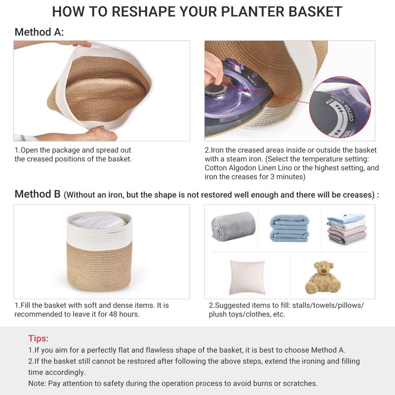 Dahey Jute Spliced Cotton Rope Plant Basket Modern Woven Storage Basket for 10.5" Floor Indoor Planter, Decorative Flower Pots Cover Laundry Bin with Handle Rustic Home Decor, White and Beige - Image 5