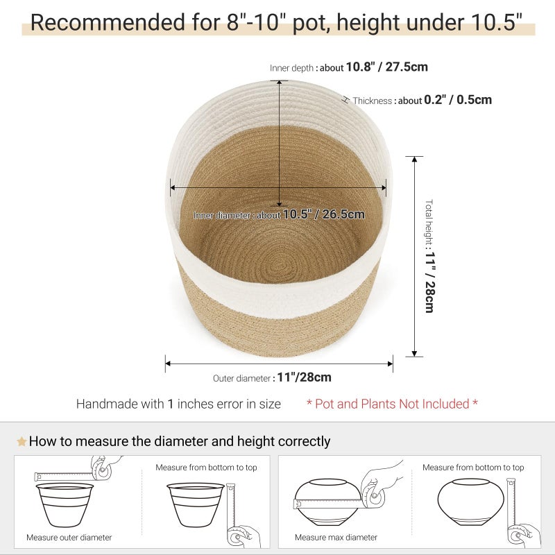 Dahey Jute Spliced Cotton Rope Plant Basket Modern Woven Storage Basket for 10.5" Floor Indoor Planter, Decorative Flower Pots Cover Laundry Bin with Handle Rustic Home Decor, White and Beige - Image 3
