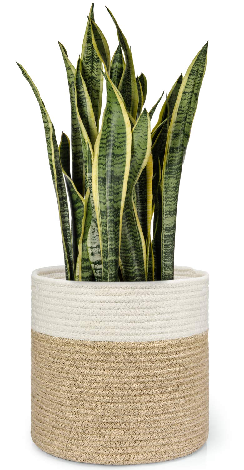 Dahey Jute Spliced Cotton Rope Plant Basket Modern Woven Storage Basket for 10.5" Floor Indoor Planter, Decorative Flower Pots Cover Laundry Bin with Handle Rustic Home Decor, White and Beige - Image 1