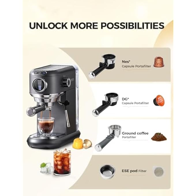 كافلف ماكينة صنع قهوة اسبريسو 4 في 1 مع خافق حليب 19 بار ماكينة كابتشينو مع مرئيات 7 مستويات لحجم القهوة قابلة للتعديل لكبسولات Nes* Dg* Ese Pods ومسحوق 1450 واط رمادي - Image 2