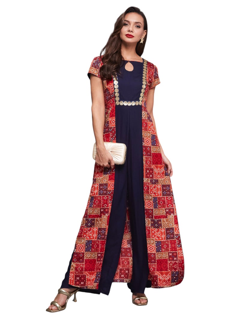 Miss Chase Women's Keyhole Neck Regular Sleeve Bohemian Paneled Regular Length Jumpsuit with Pockets (MCSS23D15-66-224-04, Multicolored, M) - Image 1