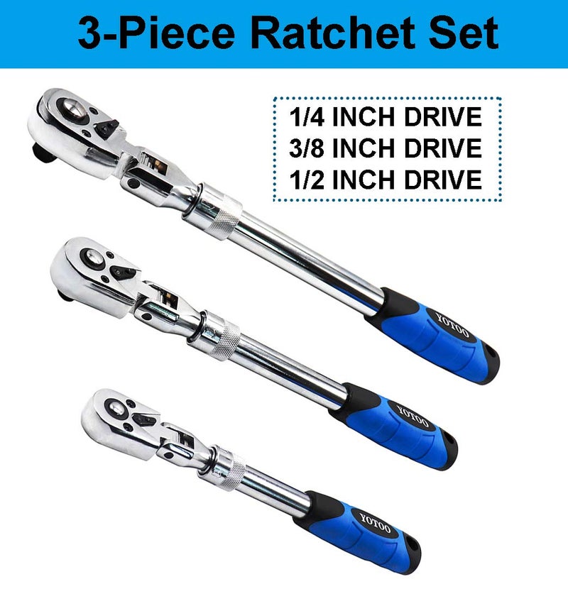 YOTOO Extendable Ratchet Set 3Pcs 1/4", 3/8" & 1/2" Drive 72 Tooth Flex-Head Quick Release Locking Ratchets - Image 2
