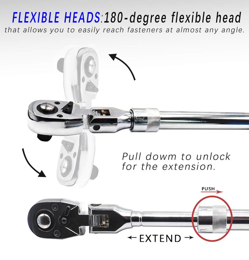 YOTOO Extendable Ratchet Set 3Pcs 1/4", 3/8" & 1/2" Drive 72 Tooth Flex-Head Quick Release Locking Ratchets - Image 4